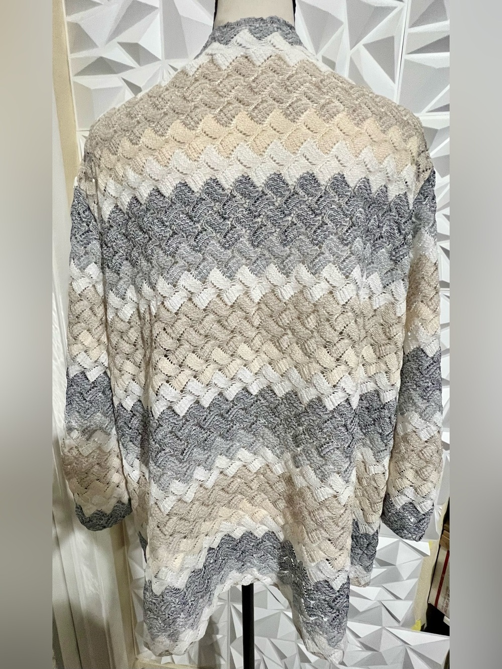 Alfred Dunner striped open-front light cardigan - Gray White Cream - Large - Picture 3 of 5
